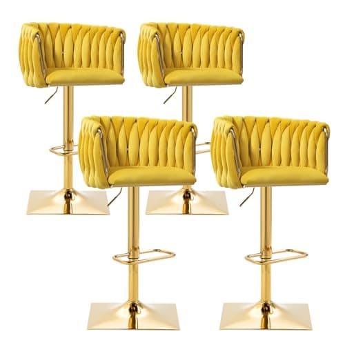 Antetek Modern Swivel Bar Stool Set, Adjustable Height, Woven Back, Silver Base, Blue Teddy