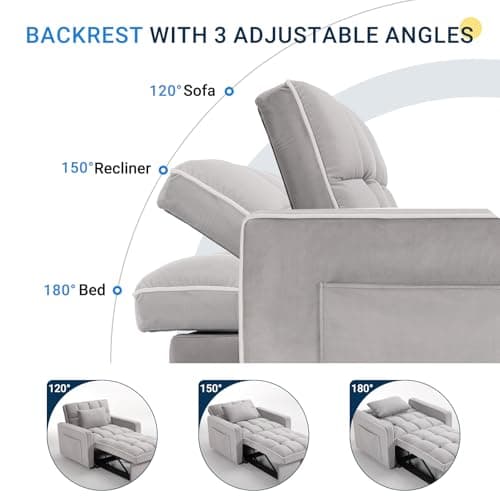 Avenco 3-in-1 Sleeper Sofa Chair Bed, 3-Level Adjust, Velvet Fabric, Grey