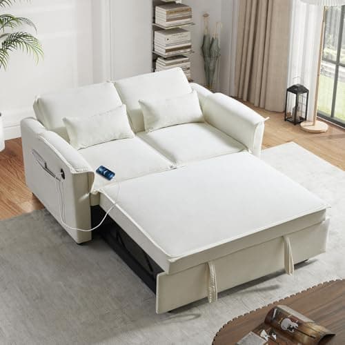 Antetek 3-in-1 Pull-Out Sofa Bed with Velvet Chaise Lounge, USB Charging, Orange