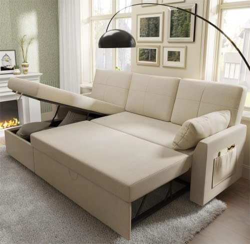 VanAcc Beige Chenille Sleeper Sofa with Storage Chaise
