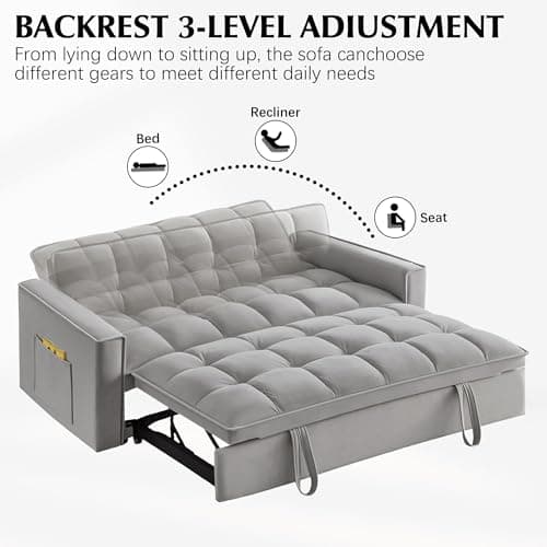 Gray Velvet 3-in-1 Convertible Sleeper Sofa Bed with Armrests, Storage Pockets & 2 Pillows for Living Room, Apartment, Bedroom, or Office