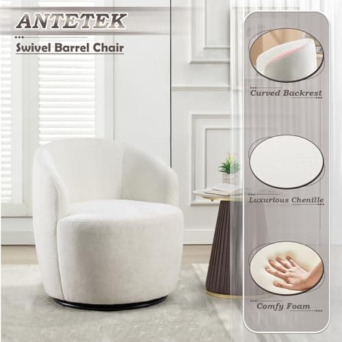 Antetek Ivory Chenille Swivel Chair, 360° Rotational Living Room Chair