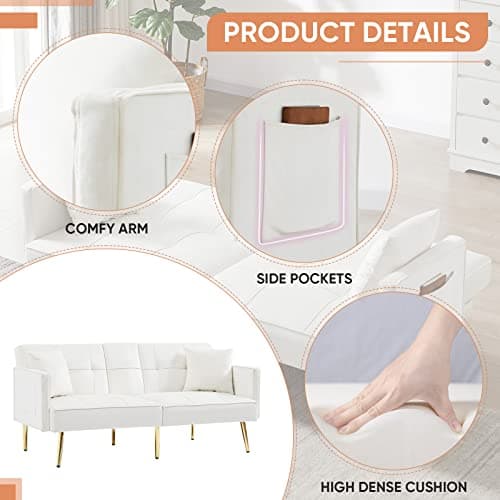 Antetek Convertible Futon Sofa Bed, 69-inch White Tufted Velvet Sleeper Couch