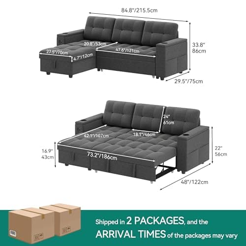 YITAHOME Double Sleeper L-Shaped Couch with Storage & USB Ports, Dark Gray