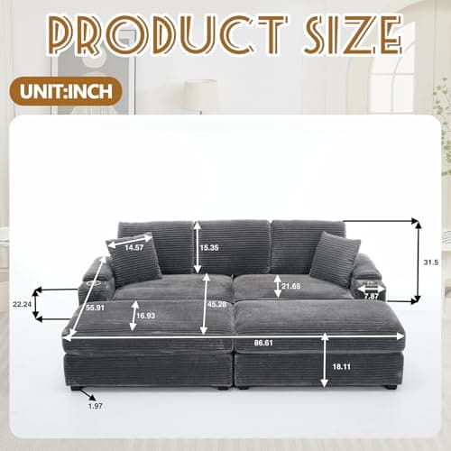 Oversized Grey Corduroy Chaise Lounge with Storage & 2 Pillows, 2 Ottomans, Cup Holder & USB Port