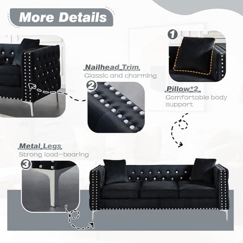 Modern Velvet Sofa Couch, 82 Inch Upholstered 3 Seater with Crystal Buttons and Pillows for Living Room, Apartment, Office - Black
