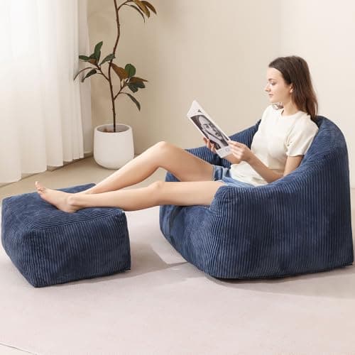 Oversized Plush Bean Bag Chair with Ottoman & Armrests, Cozy Reading Chair, Blue