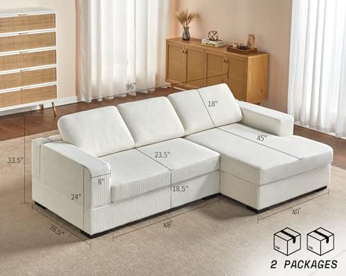 AMERLIFE 96 Inch Oversized Sectional Sofa, White Corduroy Chaise Couch