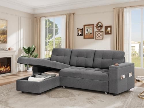 YITAHOME Double Sleeper L-Shaped Couch with Storage & USB Ports, Dark Gray