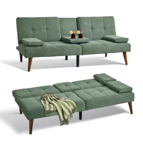 COLAMY Convertible Futon Sofa Bed - Light Grey with Cup Holders