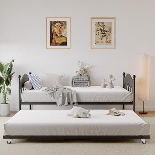 Stylish Metal Twin Size Daybed with Trundle for Living Room, Bedroom and Guest Room, Heavy Duty Steel Slats Platform, Black
| Pop Up Foldable Trundle Daybed with Headboard, Metal Twin Size Day Bed for Bedroom and Guest Room, Black
| Heavy Duty Steel