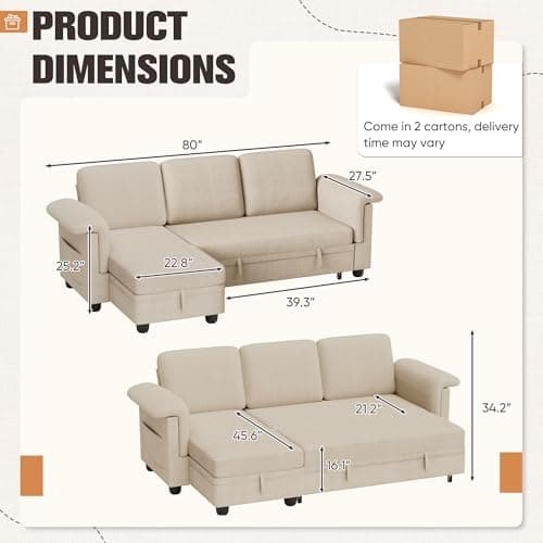 Homall L-Shaped Sleeper Sofa with Storage, Beige Linen Fabric
