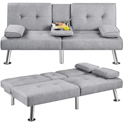 Yaheetech Light Gray Reversible Couch Bed with Removable Arms & Cup Holders
