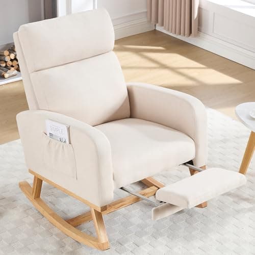 Nursing Rocking Chair with Footrest and High Backrest, Beige