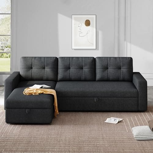 Dark Grey L-Shaped Reversible Upholstered Sleeper Sectional Sofa