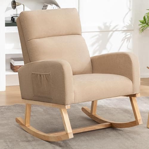 Sherpa Nursing Rocking Chair, Upholstered Glider with Side Pocket, Light Grey