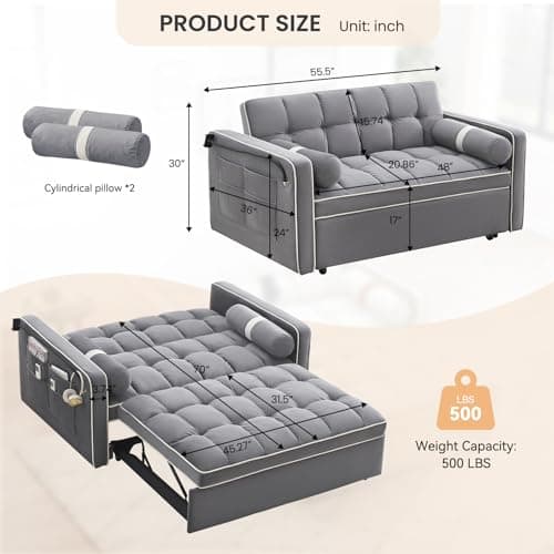 Antetek 3-in-1 Convertible Sleeper Sofa with Phone Holder - Modern Velvet Loveseat with Pullout Bed for Small Spaces, Grey