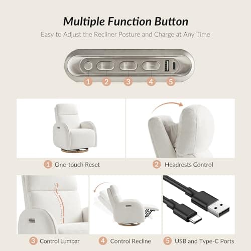 HULALA HOME Modern Power Recliner with USB & Nightlight, White