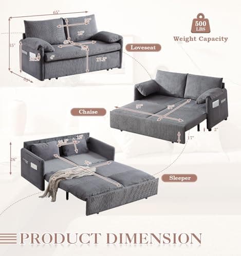 Antetek 3-in-1 Convertible Futon Sofa Bed, Grey Corduroy Queen Size