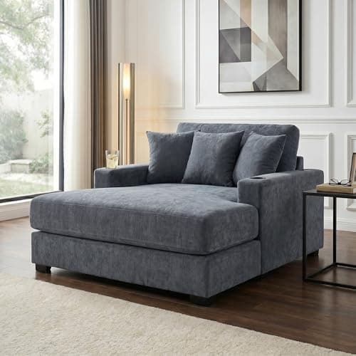 Modern 55" Oversized Chaise Lounger, Luxurious Chenille Fabric Single Sofa Chair with Pillows, Charge Station & Cup Holders for Living Room Apartment Offices (Blue Gray-55'')