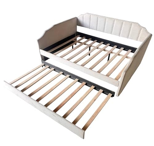 Beige Upholstered Daybed with Trundle & Wood Slat Support, Easy Assembly, Living & Guest Room
