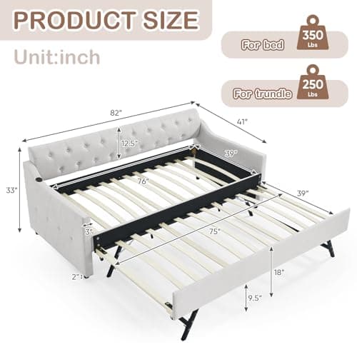 Modern Beige Antetek Daybed with Pop-Up Trundle & USB Ports - Twin to King Sofa Bed Frame for Bedroom & Living Room
