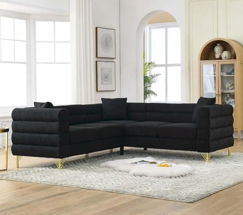 Antetek Modern Black L-Shaped Chaise Lounge Couch with Teddy Fabric and Gold Legs
