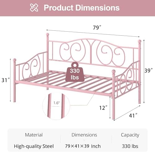 VECELO Pink Twin Multifunctional Metal Daybed Mattress Frame
