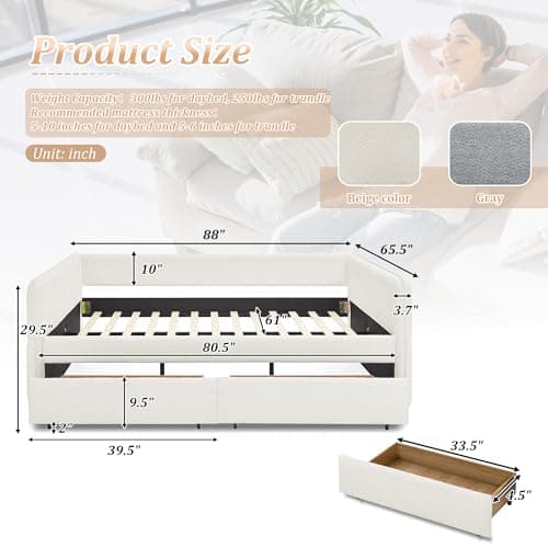 Queen Size Daybed with Storage Drawer, Upholstered in Boucle Fabric, Wood Slats Support, Beige
