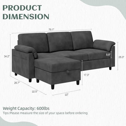 Vongrasig 3 Seat L Shaped Sofa with Removable Pillows Linen Fabric Black