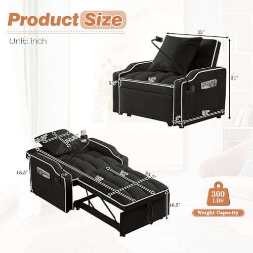 Modern Velvet Sleeper Sofa Bed with Charging Ports, Black