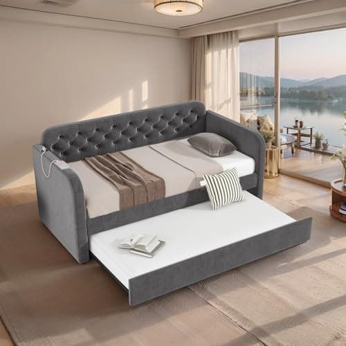 Dark Grey Velvet Upholstered Twin Size Daybed with Trundle and USB Port