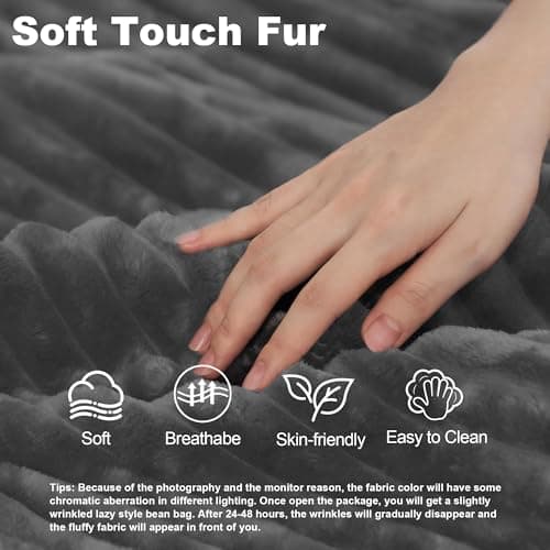 Dark Grey Oversized Faux Fur Chaise Lounge for Living Room - Comfy Backrest & 3 Pillows