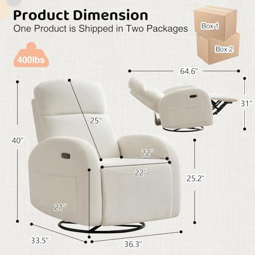 Cream White Power Recliner Glider with USB Ports & Double Pockets