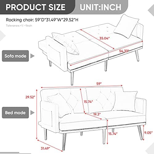 Antetek Convertible Velvet Futon Sofa Bed - Small Modern Loveseat for Living Room and Bedroom