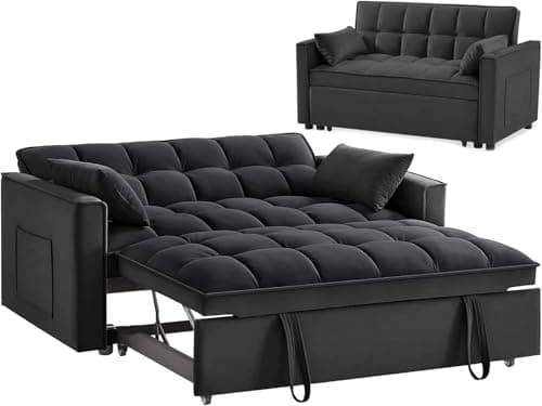 Gray Velvet 3-in-1 Convertible Sleeper Sofa Bed with Armrests, Storage Pockets & 2 Pillows for Living Room, Apartment, Bedroom, or Office