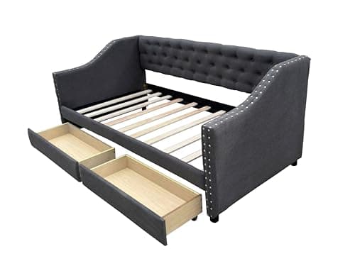 Twin Size Daybed with Storage & Linen Fabric, Wood Slat Support, Gray