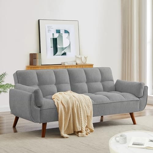 Gray Linen Convertible Futon 3-Seater Sofa Bed with Adjustable Backrests