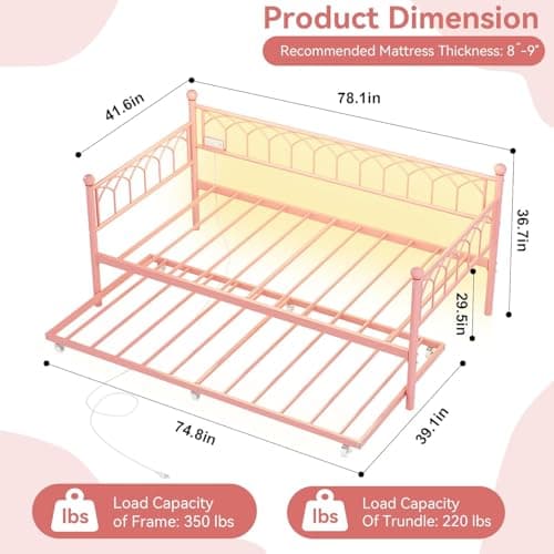 GarveeHome Twin Daybed with Trundle
| Day Bed with Charging Station & LED Lights
| Metal Sofa Bed Frame with Pull Out Trundle for Living Room and Bedroom