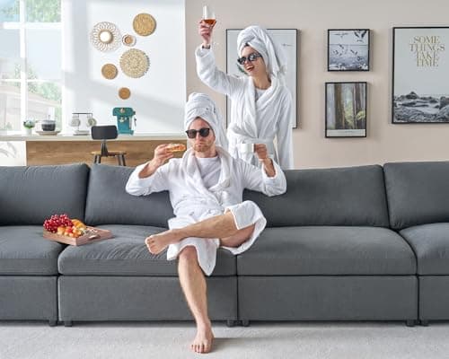 Oversized 5 Seat Grey Linen U Shaped Chaise Sectional Sofa