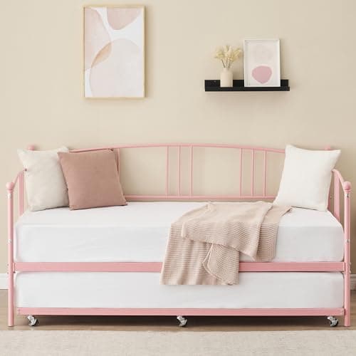 Pink Metal Twin Daybed with Trundle - No Box Spring Needed