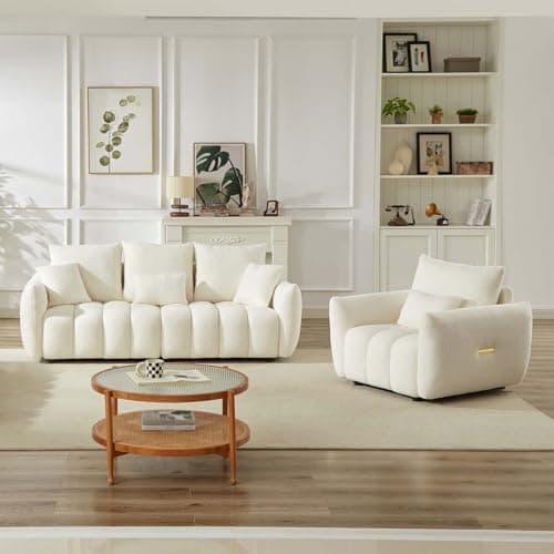 Modern Beige Teddy Sofa Set for Living Room: Deep Seat Chair and Oversized 3-Seater Couch