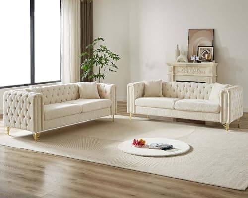 Modern Chenille Living Room Furniture Set with Copper Nail Trim, Beige