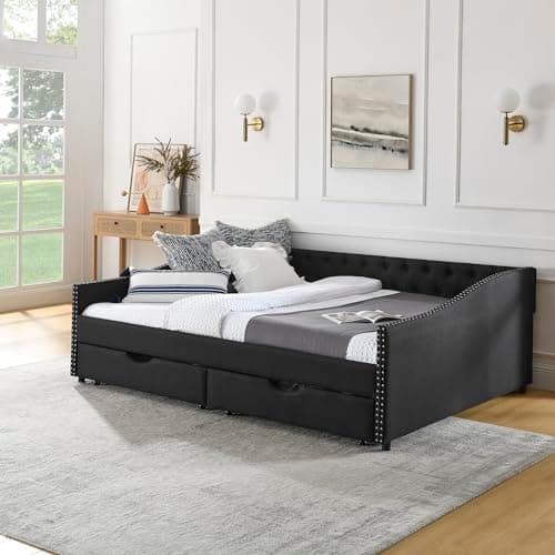 Queen Size Wood Daybed with Drawers and Linen Upholstered Sofa Bed