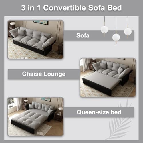 Luxury Grey 74.8" Pull Out Sofa Bed Velvet Couch (RV, Living Room)