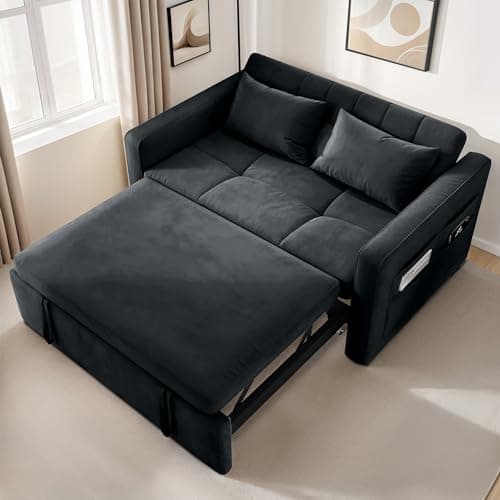 YITAHOME 55" Convertible Sofa Bed, Black Full Size Reclining Velvet Sleeper