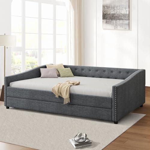 Twin Size Upholstered Daybed with Trundle - Dark Grey | Ultimate Guest Bed with Tufted Back and Piping Detail for Bedroom | No Box Spring Needed  
Twin Size Upholstered Daybed with Trundle - Dark Grey | Perfect Sofa Bed for Guest Room with Button Bac