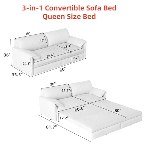 3-in-1 Queen Size Pull-Out Sofa Bed with Cloud Velvet Couch & Side Storage