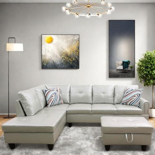 L-Shaped Couch with Chaise, 6 Seat Modern Living Room Sectional in Black/Grey with Storage