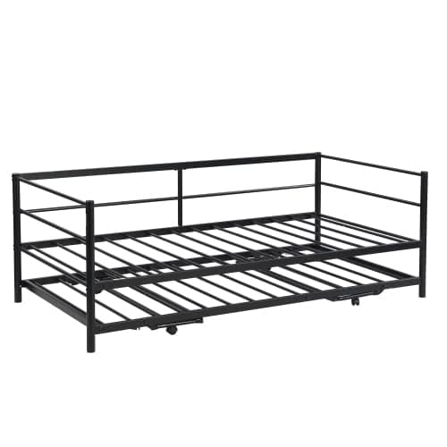 Modern Metal Twin Day Bed with Pop Up Trundle, Steel Slat Support (Black)